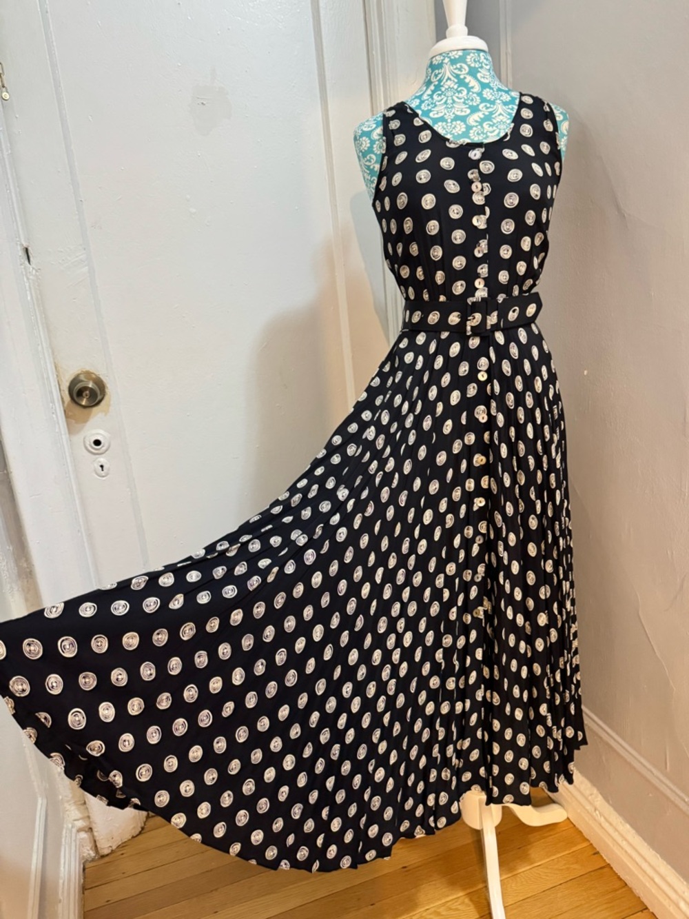 Vintage 90s Rayon Polkadot Sleeveless Kenar Dress by Ann Tjian